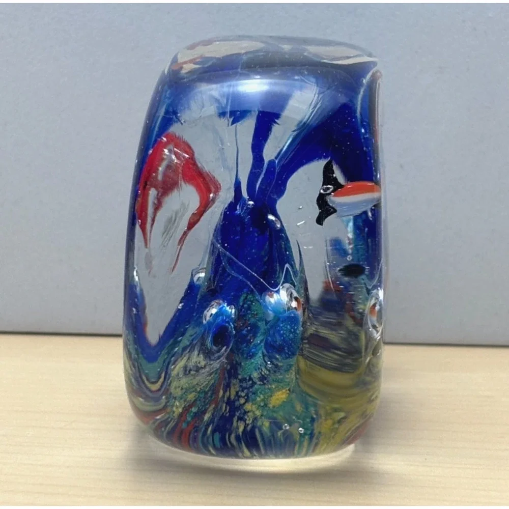 Art Glass Aquarium Fish Paperweight Rectangular Block Fish Blue Multicolor Dec